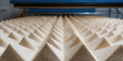 Pyramid-shaped foam panels are arranged in an alternating pattern, filling the foreground and extending towards a blurred background. Texture and repetition