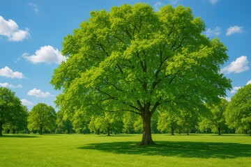 Fototapeta na wymiar Lush foliage and towering trees in a serene park setting with vibrant summer hues and clear blue sky