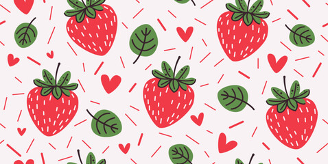 Vector cute seamless strawberry pattern in cartoon style. Trendy summer background with hand-drawn strawberries, hearts and leaves. Modern abstract design for paper, cover, fabric. Cute trendy design
