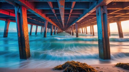 Underwater perspective from below a dock, utilizing long exposure to soften waves and enhance colors