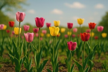 Vibrant spring blossoms in a colorful flowerbed