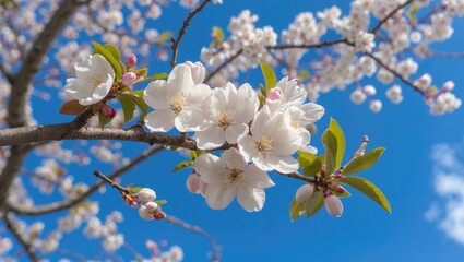 Obraz premium A close-up of a white floral bloom with a clear blue sky backdrop