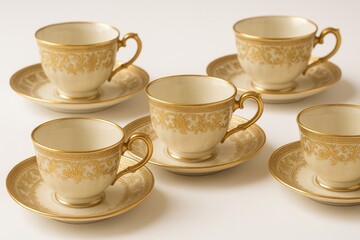 Fototapeta premium Elegant vintage tea set featuring intricately gilded porcelain cups on a white backdrop