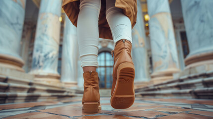Photo fashion model image. 30 years old. woman walking Bottom-up camera showing fashion shoes and full body.
