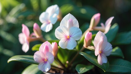 Obraz premium Icy Sunset: A stunning African violet cultivar featuring delicate white and pink blossoms