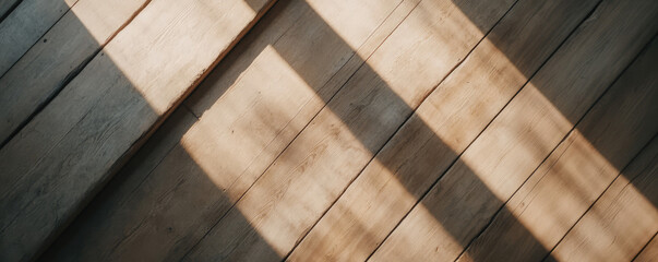 Wooden planks with sunlight creating geometric shadow patterns. Natural textures, light and shadow, simplicity