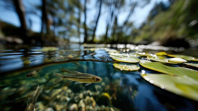 Vue sous-marine d'un petit poisson sous des nenuphars dans une marre
