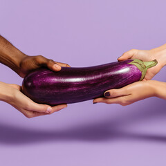 many hands touching large eggplant representing penis, masculinity, on purple background