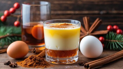 Seasonal Homemade Egg Flip Cocktail with Spices and Wooden Backdrop