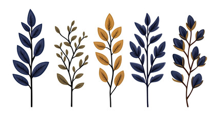 Minimal botanical leaf illustration set with dark and gold tones on isolated transparent background, png