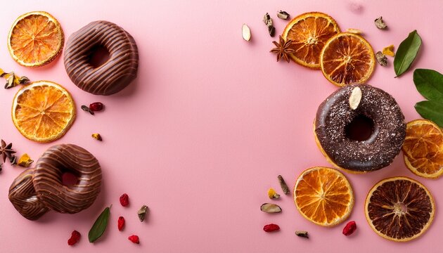 chocolate donut dried fruit citrus pink background flatlay