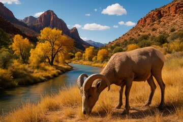 Fototapeta premium A rugged mountain goat exploring a scenic desert landscape