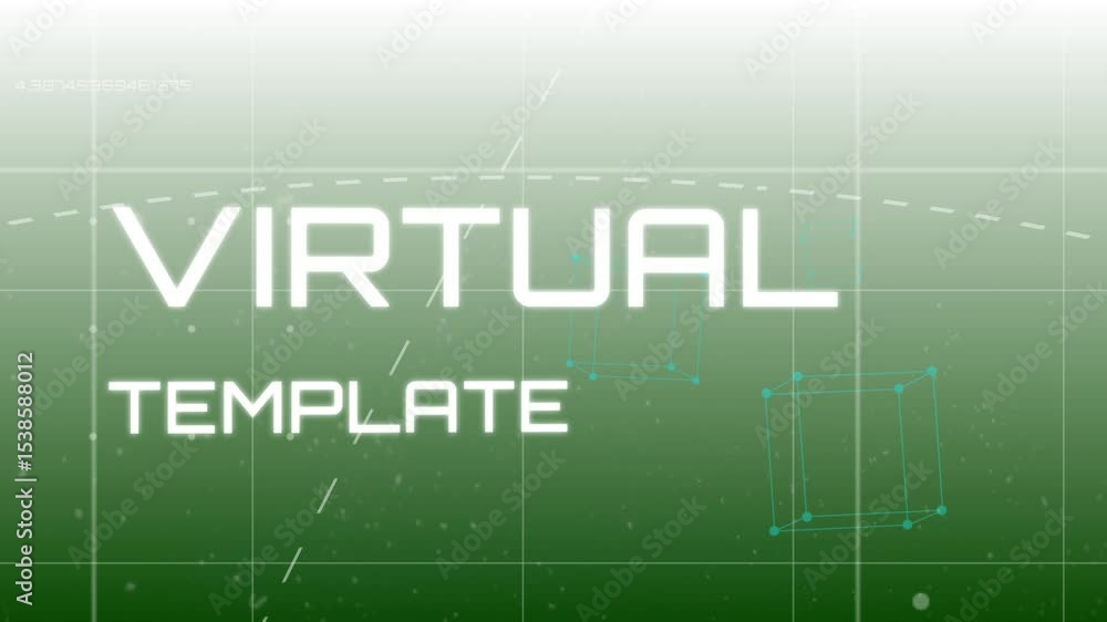 Poster on third second fading text morphing from virtue to virtual template over grid with rotating cube