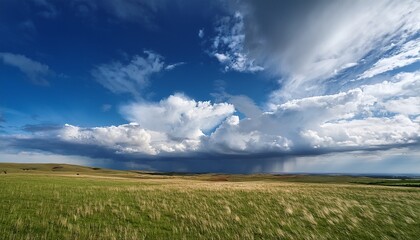 Obraz premium dramatic cloud movement over vast grassland under clear blue sky