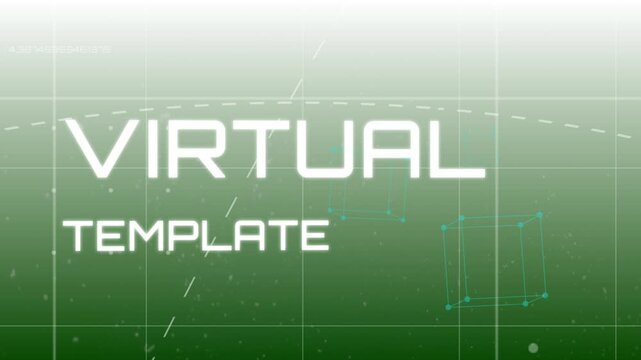 On third second fading text morphing from virtue to virtual template over grid with rotating cube