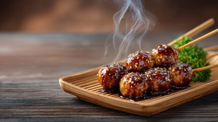 Grilled meatball skewer with sesame seeds and sauce served on wooden plate with steam rising