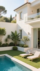 Modern villa with a serene poolside garden and lounge chairs