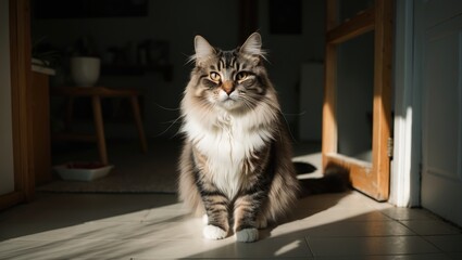 Indoor cat silhouette with long fur