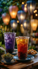 Colorful bubble tea drinks with ice and tapioca pearls served wooden table with glowing lanterns creating warm, cozy atmosphere