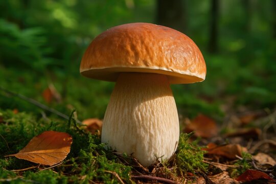 Close-up of a Cep mushroom (Boletus edulis) growing in woodland