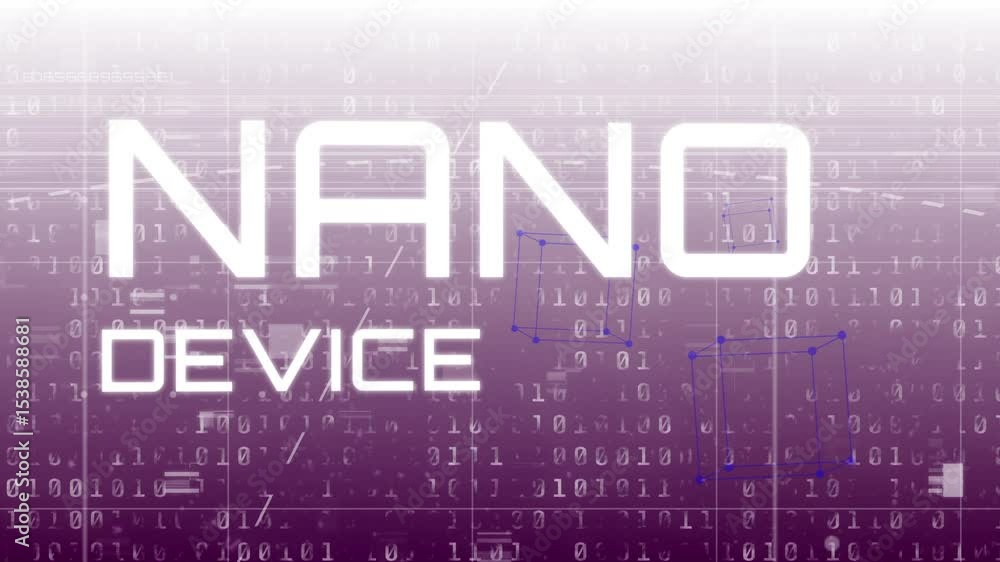 Poster at third second text nano fading in expanding into device on code grid highlighting network nodes