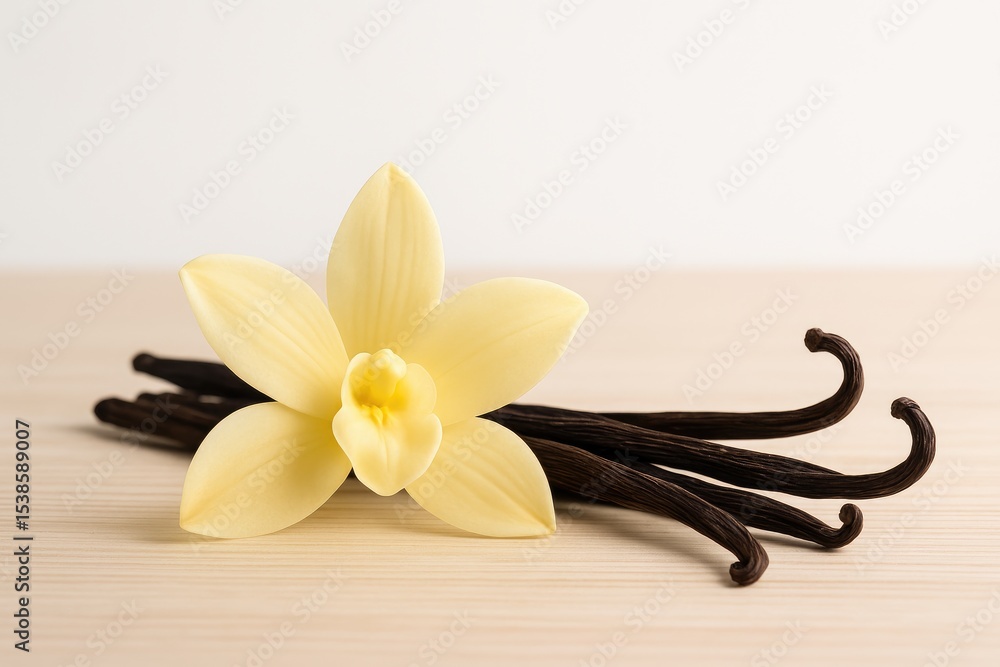 Poster fragrant vanilla beans and blossoms displayed on a surface with a plain white backdrop