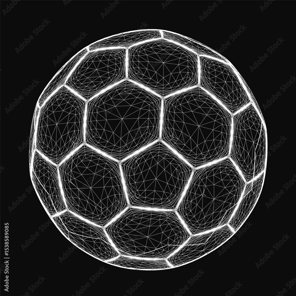 Poster a 3d wireframe soccer ball composed of interconnected lines and geometric shapes, floating on a slee