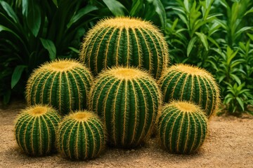 Fototapeta premium A group of barrel cacti with spines and vibrant green skin set against lush tropical foliage. Desert landscape panorama featuring succulent plants.
