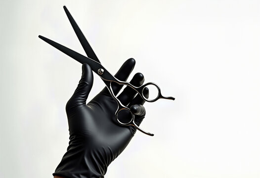 A professional hairstylist's hand in a black glove holding a pair of open hairdressing scissors, isolated on a white background with copy space for a salon concept.
