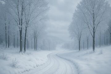 Fototapeta premium A peaceful winter landscape with a snowy trail weaving through leafless trees and gentle hills beneath a gray, chilly sky.