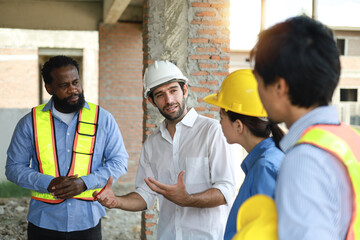 Construction Team Conversation Communication and Laughter with Teamwork and Cooperation of Builders...