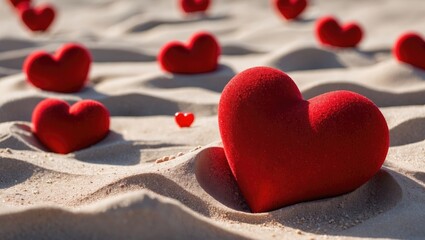 Fototapeta premium Beach scene with sandy backdrop and crimson hearts
