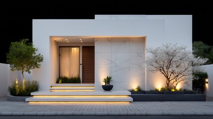 Modern Minimalist House Exterior at Night