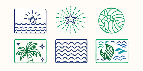 A collection of colorful summer vacation illustration set elements with outlined designs featuring starfish waves palm tree and seaweed