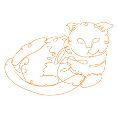 cat drawn with one thin ornate orange continuous line, abstract drawing