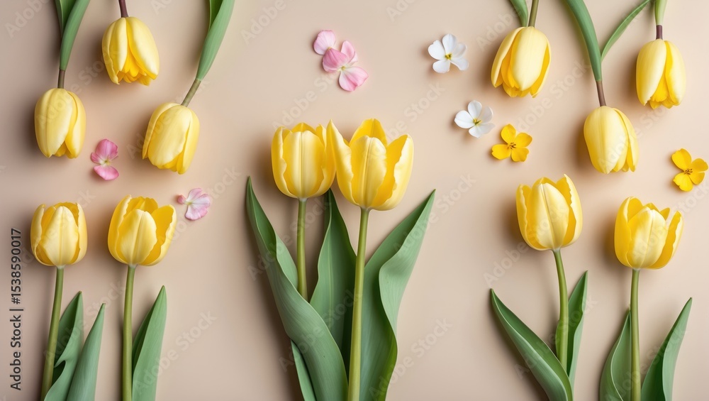 Poster spring-themed banner featuring yellow tulips on a soft beige background with space for customization
