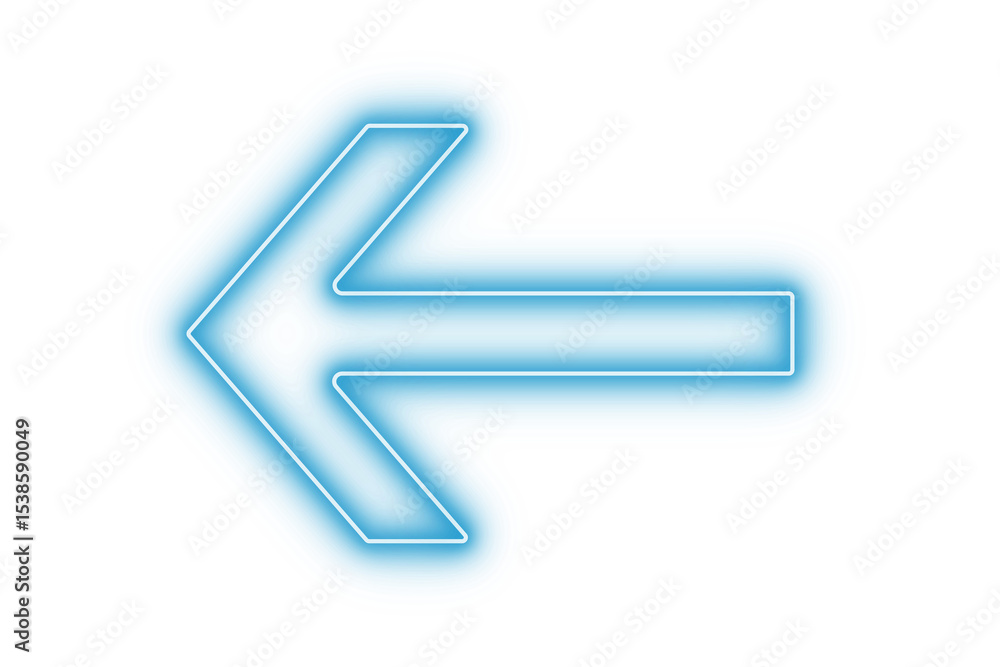 Poster blue color bright light neon arrow pointer pointing left with glowing effect on transparent backgrou