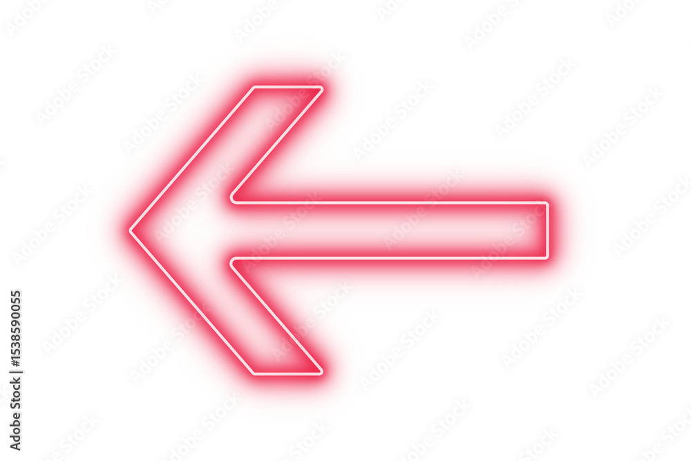 Poster red color bright light neon arrow pointer pointing left with glowing effect on transparent backgroun