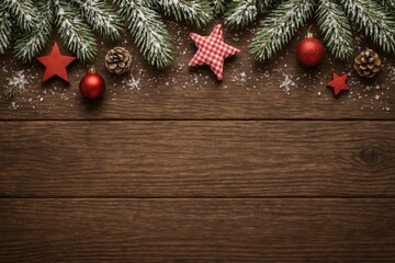 Fototapeta premium Festive wooden backdrop with snow-covered pine tree, holiday decorations, and blank area for customization