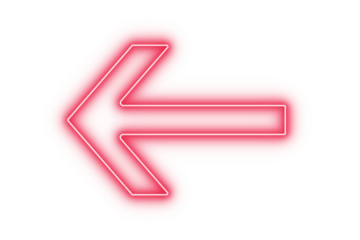 Red color bright light neon arrow pointer pointing left with glowing effect on transparent background for stylish designs