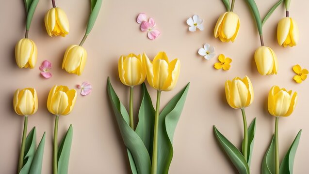 Spring-themed banner featuring yellow tulips on a soft beige background with space for customization.