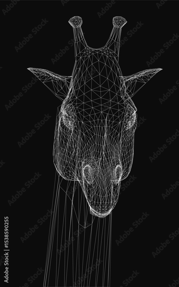 Poster giraffe head depicted as a 3d wireframe with intricate lines and geometric shapes, showcasing a mode