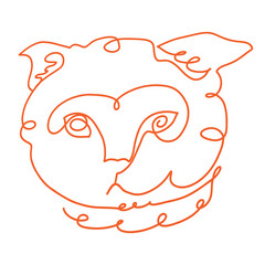 head cat drawn with one ornate orange continuous line, abstract drawing