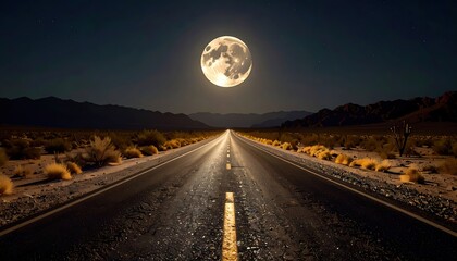 Road with a full moon in the sky and a lone car on the road