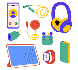 Collection of colorful gadgets and digital devices for daily use. Vector electronics for technology, lifestyle and modern accessories