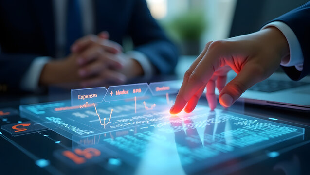 Hand interacting with futuristic financial dashboard interface showing expense analytics and data visualizations on glass screen with business person observing in background
 - Powered by Adobe
