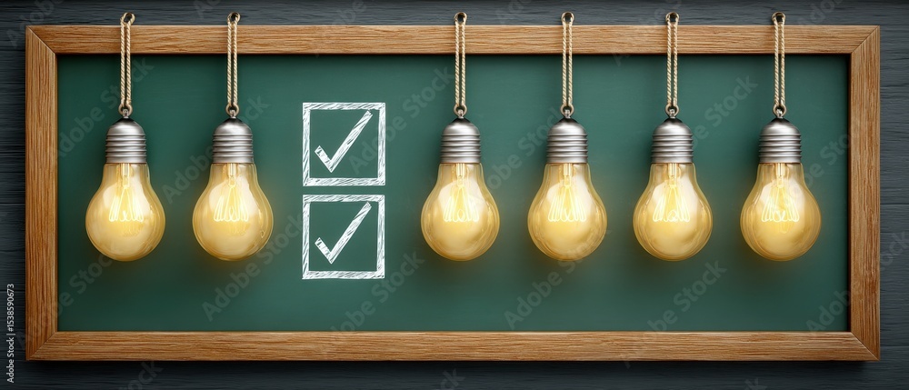 Poster motivation drive concept illuminated light bulbs on a chalkboard background with checkboxes represen