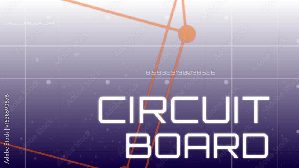 Poster initializing orange network rotating on purple grid to reveal circuit board label, glitching text