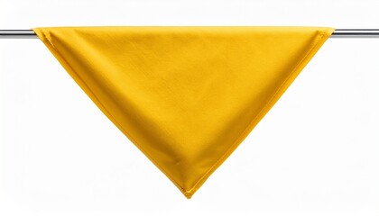 bright yellow textile banner with triangular bottom hanging on silver hook isolated on white
