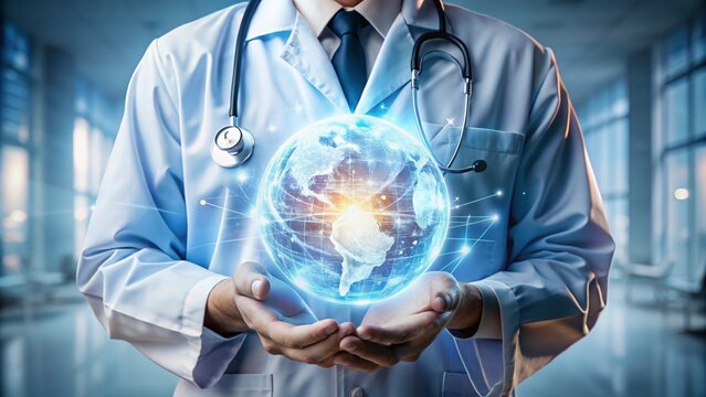 Doctor holding glowing globe of digital technology in blue background for global medical innovation